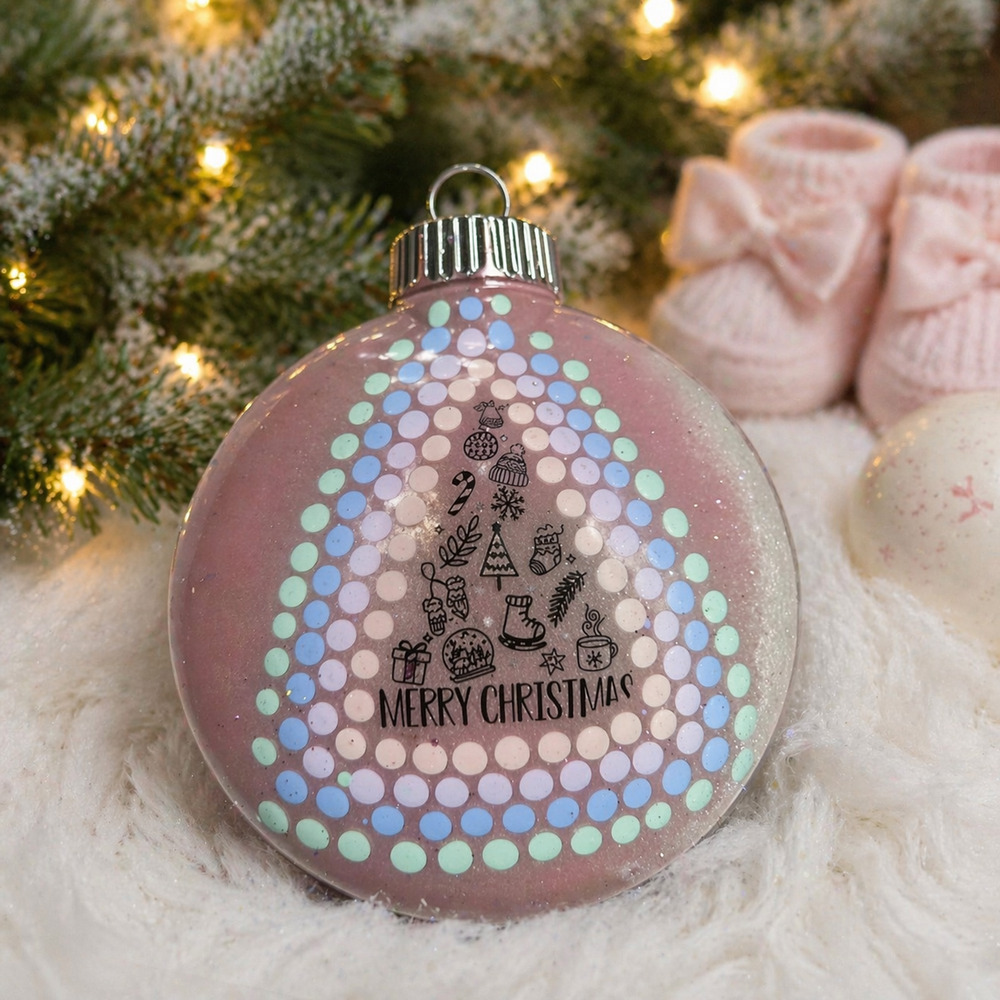 “Merry Christmas” Baby’s First Ornament | 3” Shatterproof Hand-Painted Dot Manda